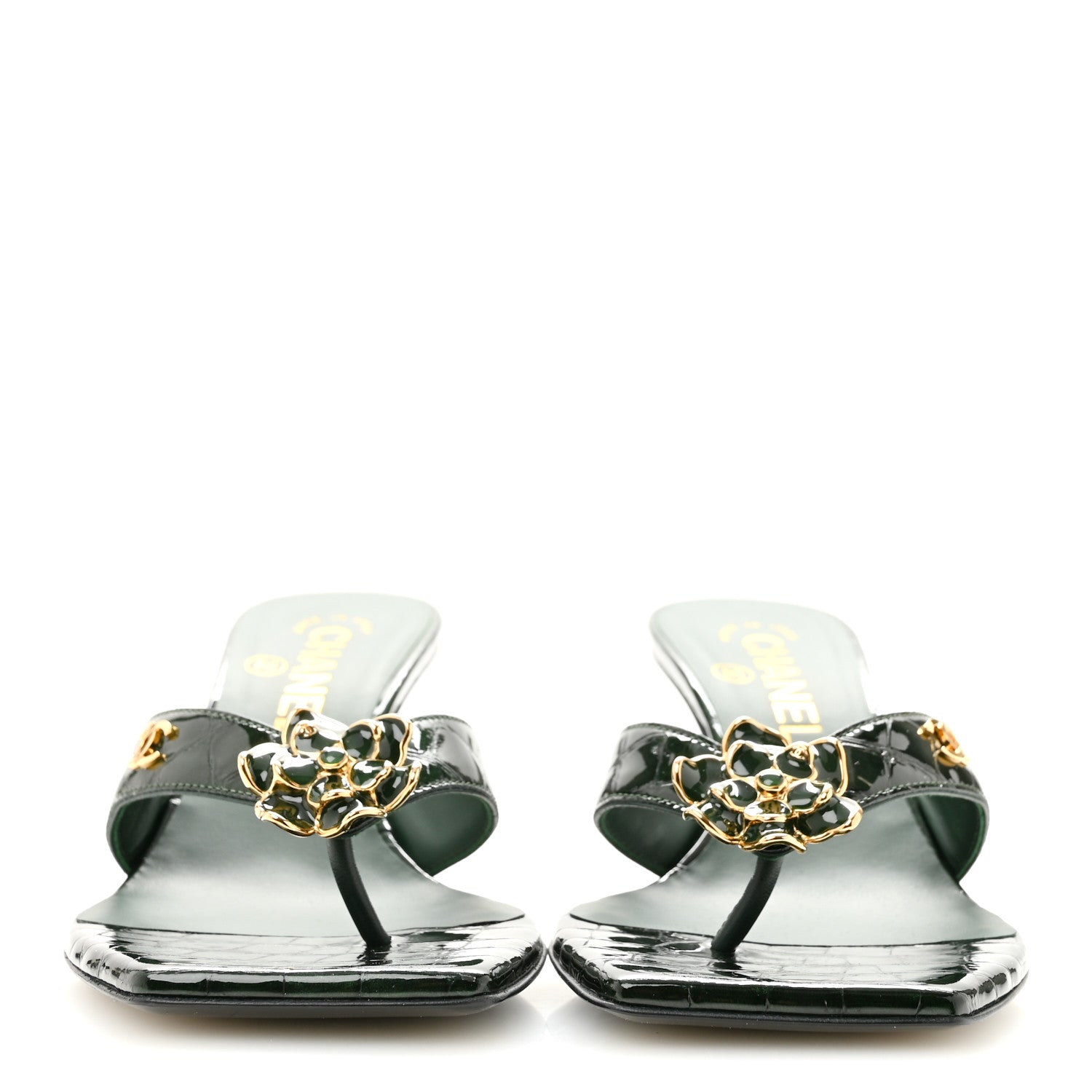 Chanel Crocodile Embossed Patent Calfskin Camelia Thong Sandals 37 Dark Green 3 of 10