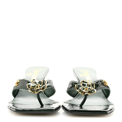 Chanel Crocodile Embossed Patent Calfskin Camelia Thong Sandals 37 Dark Green 3 of 10