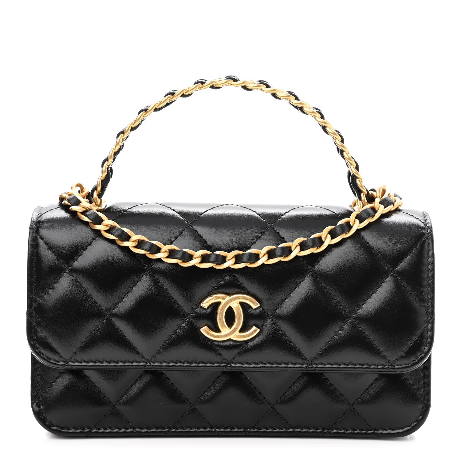 Chanel Shiny Calfskin Quilted Top Handle Flap Phone Holder With Chain Black 1 of 10