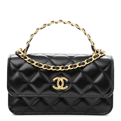 Chanel Shiny Calfskin Quilted Top Handle Flap Phone Holder With Chain Black 1 of 10