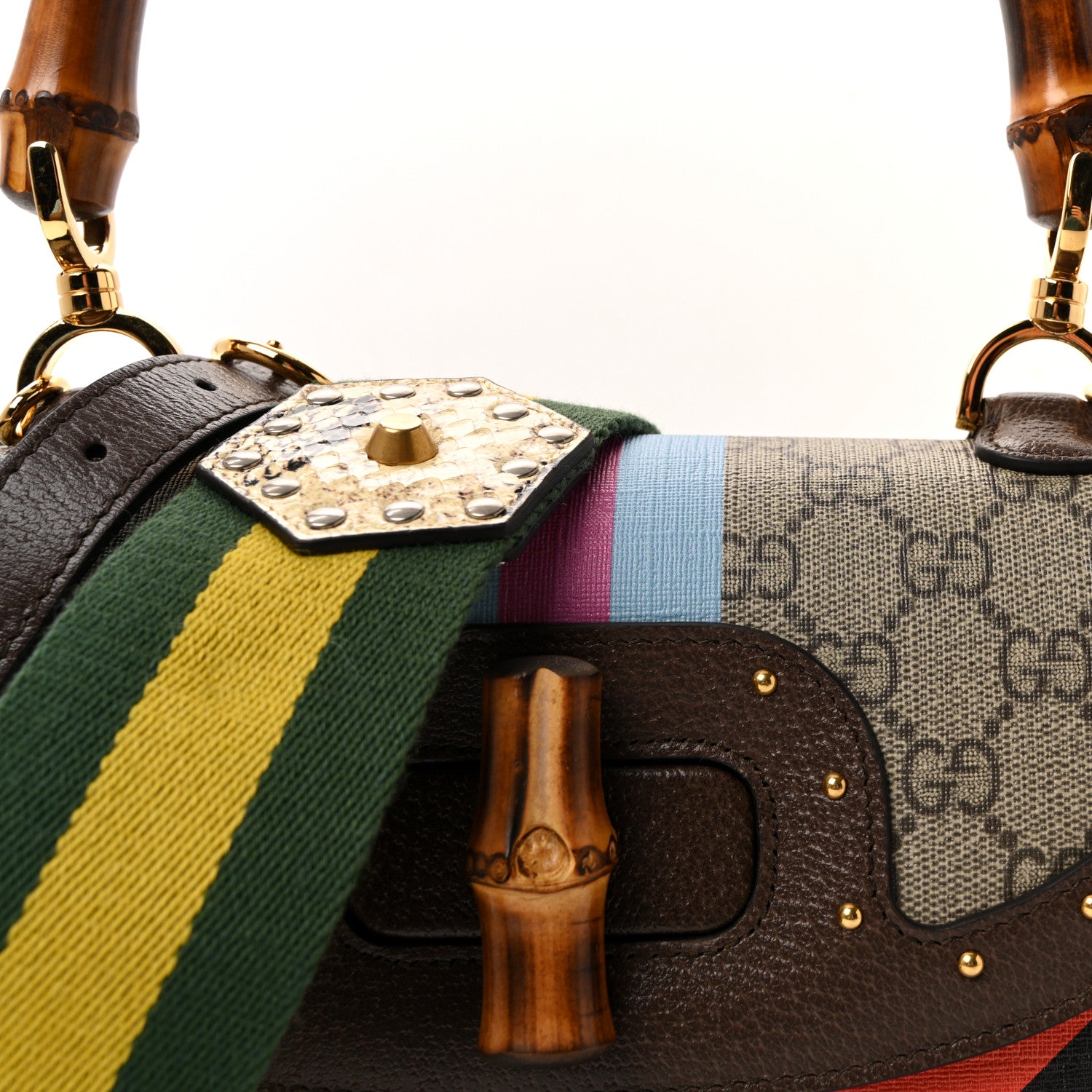 Gucci GG Supreme Monogram Studded Calfskin 100 Centennial Geometric Medium Bamboo 1947 Top Handle Bag Beige Ebony Multicolor 7 of 9