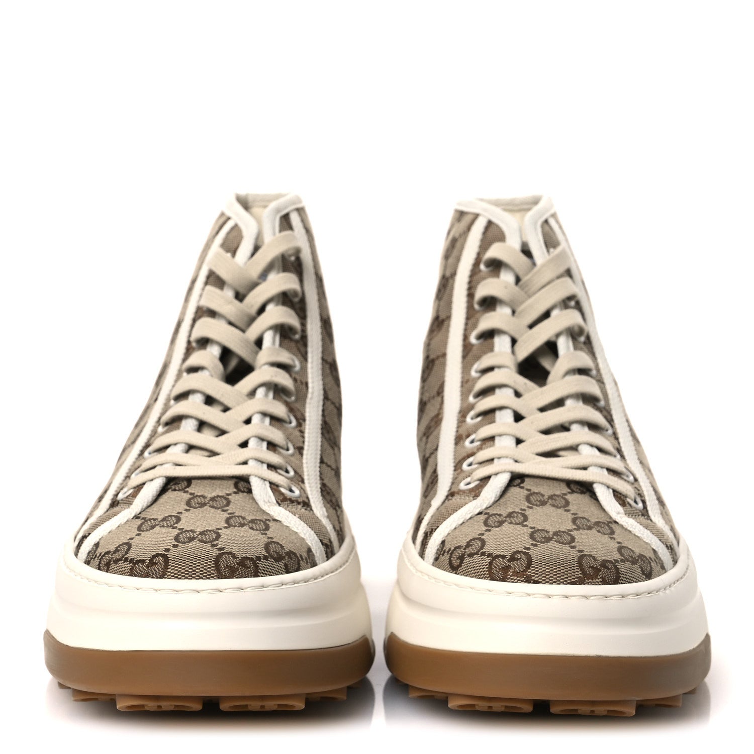 Gucci New Canvas GG Monogram Mens Tennis 1977 High Top 55mm Platform Sneakers 11 Beige Ebony Mystic White 3 of 9