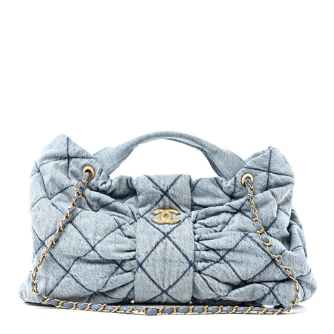 Washed Denim Quilted Maxi Bow Bag Blue