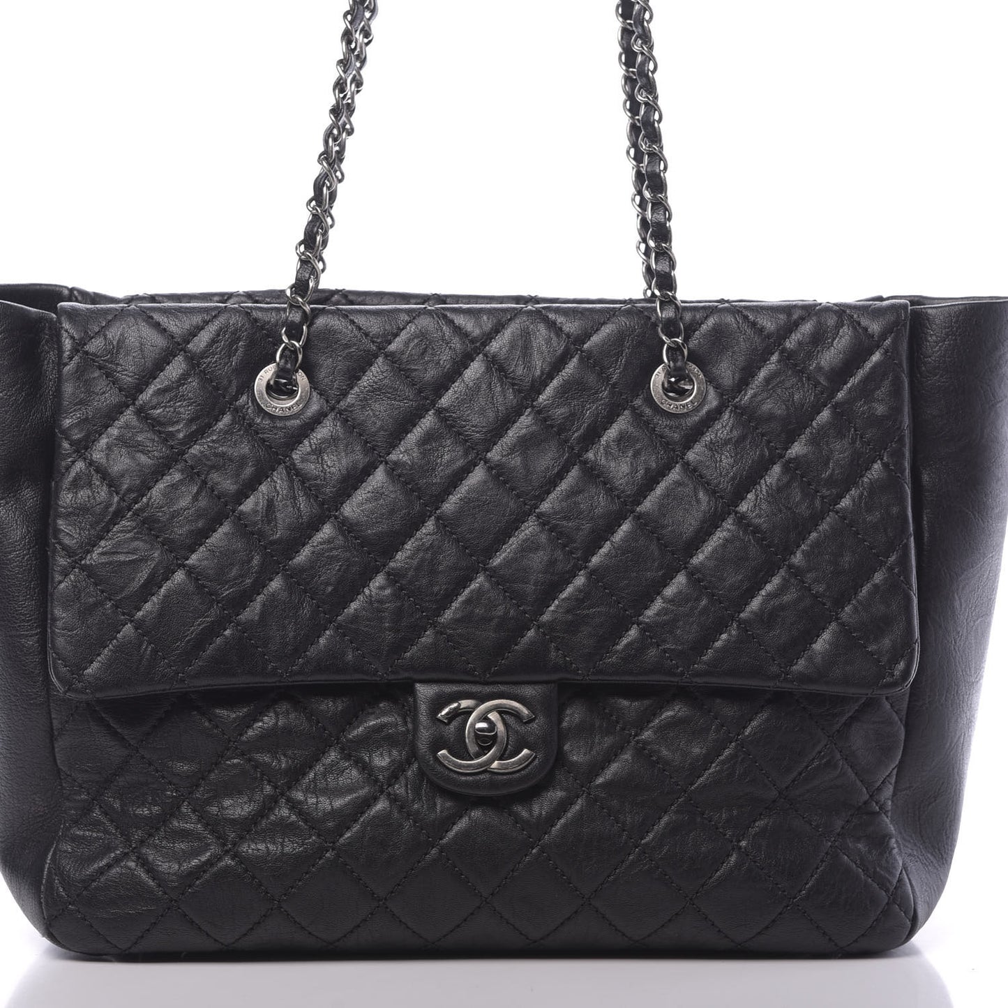 Crumpled Lambskin Quilted Large Tote Black