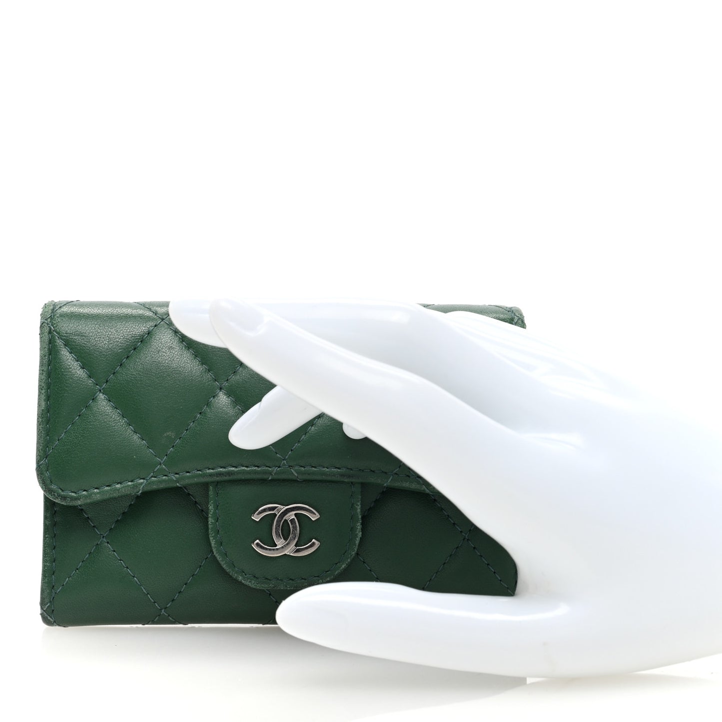 Lambskin Quilted Flap Card Holder Wallet Green