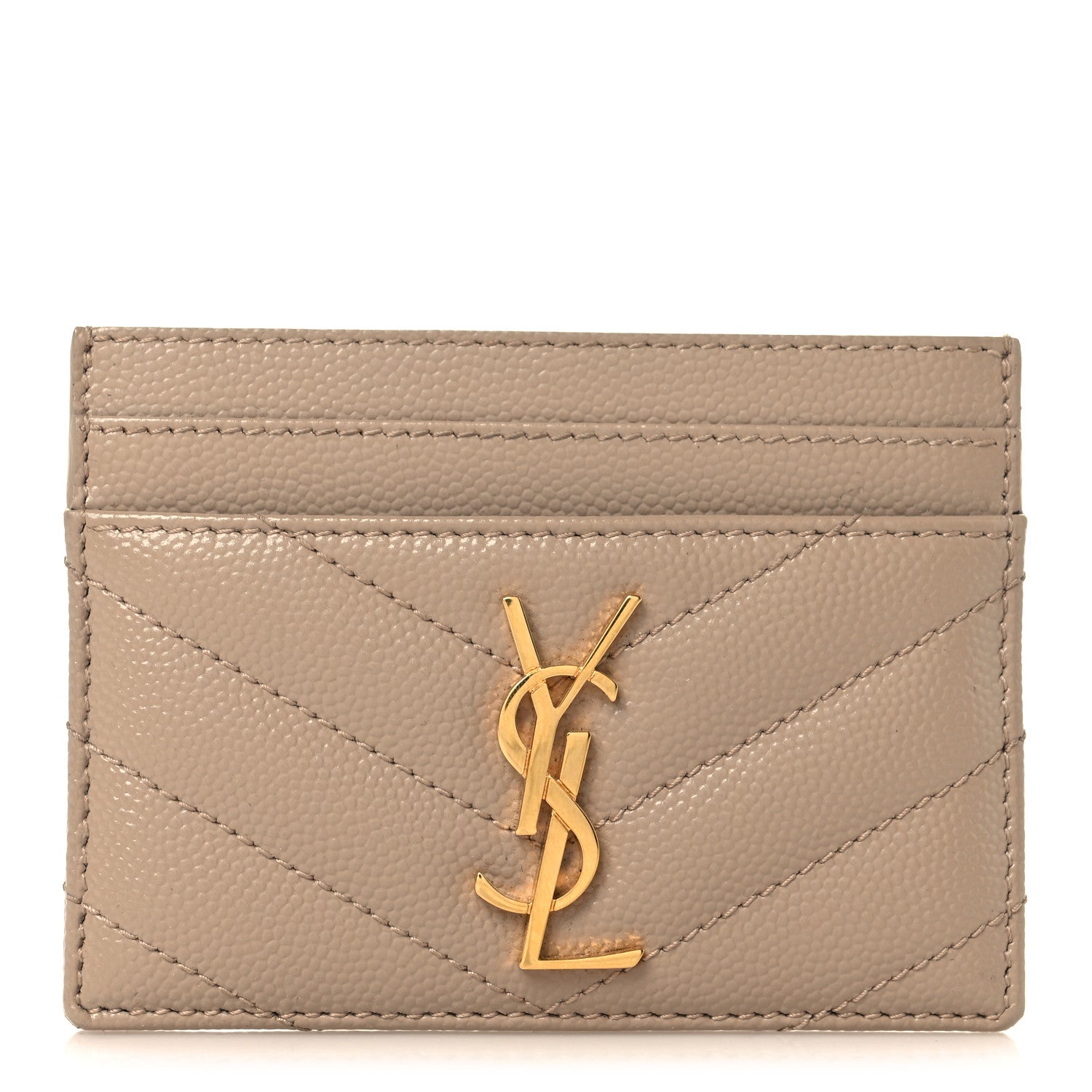 Saint Laurent Grain De Poudre Matelasse Chevron Monogram Credit Card Case Dark Beige 1 of 7