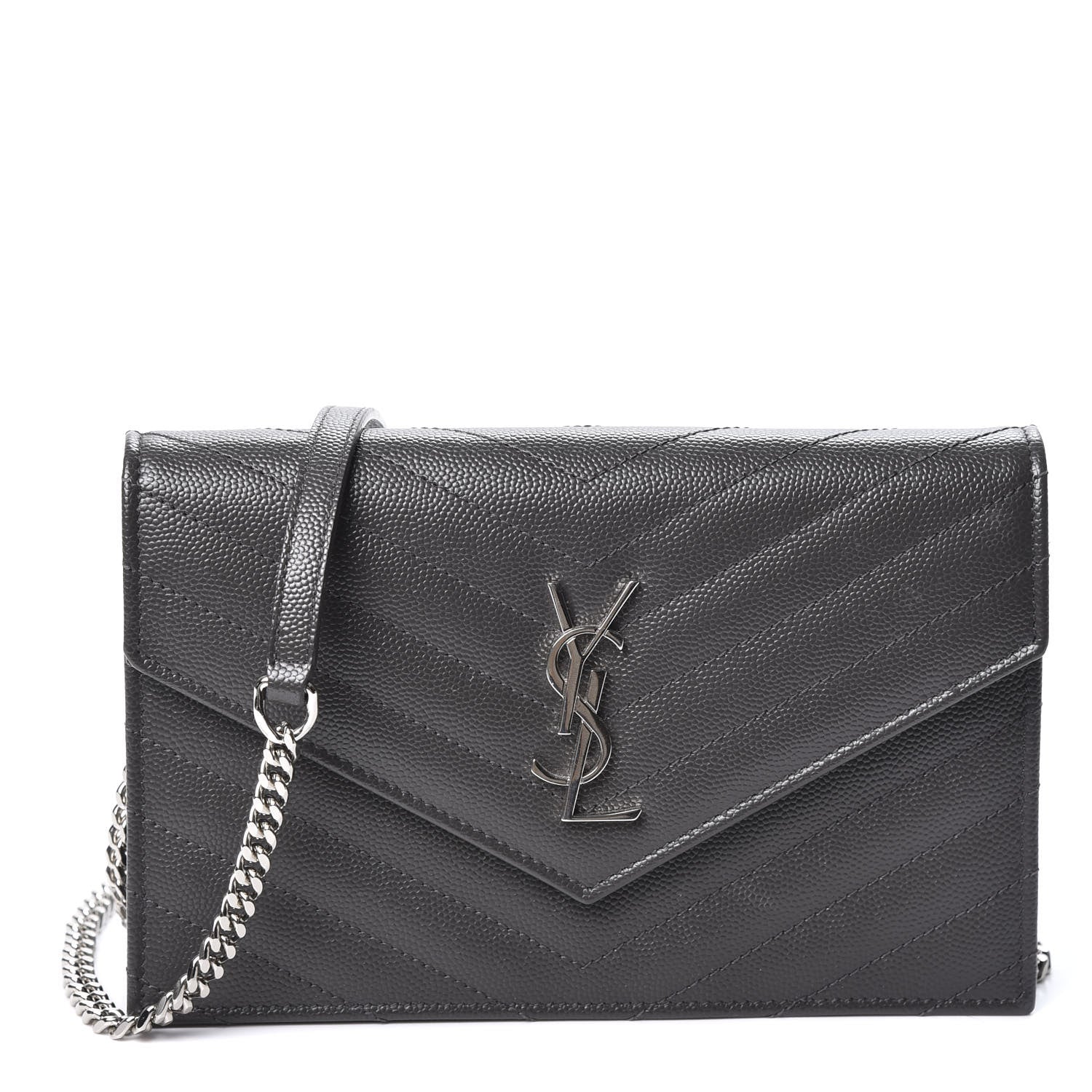 Saint Laurent Grain De Poudre Matelasse Chevron Monogram Envelope Chain Wallet Coal 1 of 9