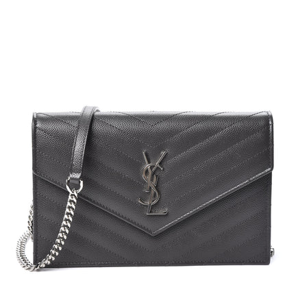 Saint Laurent Grain De Poudre Matelasse Chevron Monogram Envelope Chain Wallet Coal 1 of 11