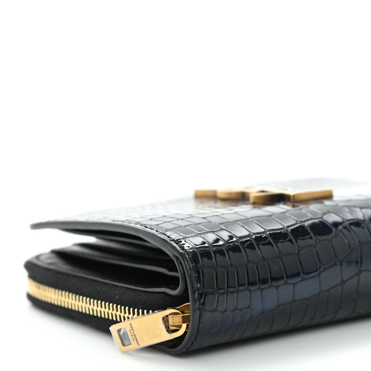 Saint Laurent Calfskin Crocodile Embossed Monogram Compact Wallet Blue Black 9 of 11