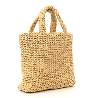 Prada Yarn Raffia Effect Crochet Embroidered Small Logo Tote Naturale 3 of 9