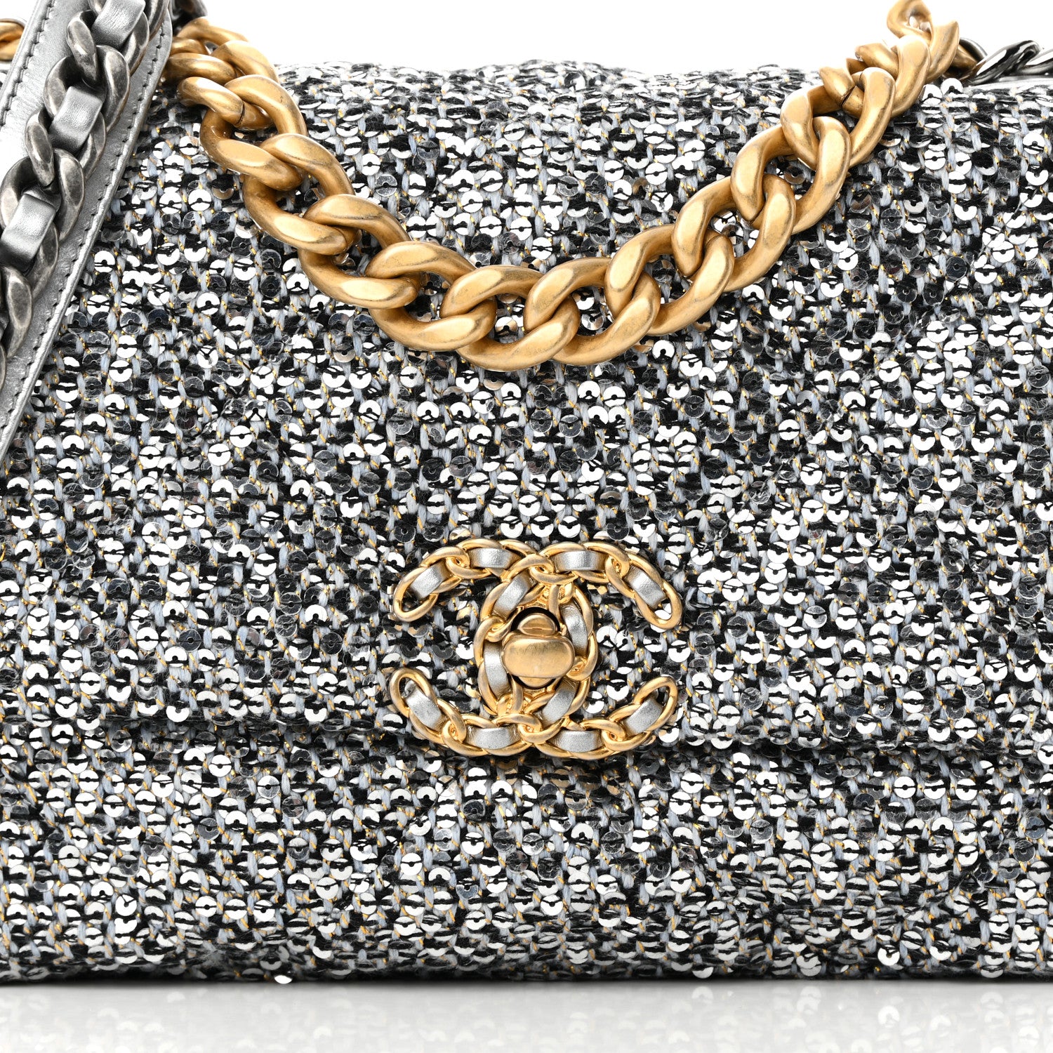 Chanel Sequin Quilted Medium Chanel 19 Flap Silver 8 of 10