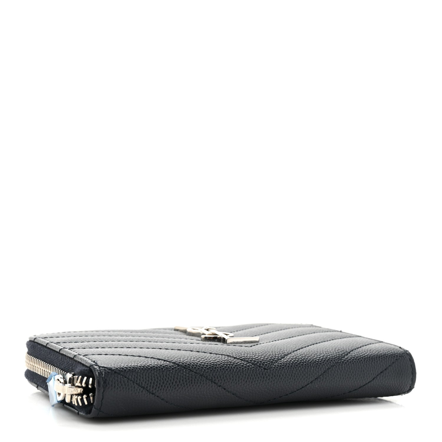 Saint Laurent Grain De Poudre Matelasse Chevron Monogram Small Zip Around Wallet Deep Marine 4 of 11