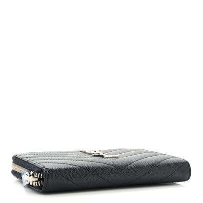 Saint Laurent Grain De Poudre Matelasse Chevron Monogram Small Zip Around Wallet Deep Marine 4 of 11