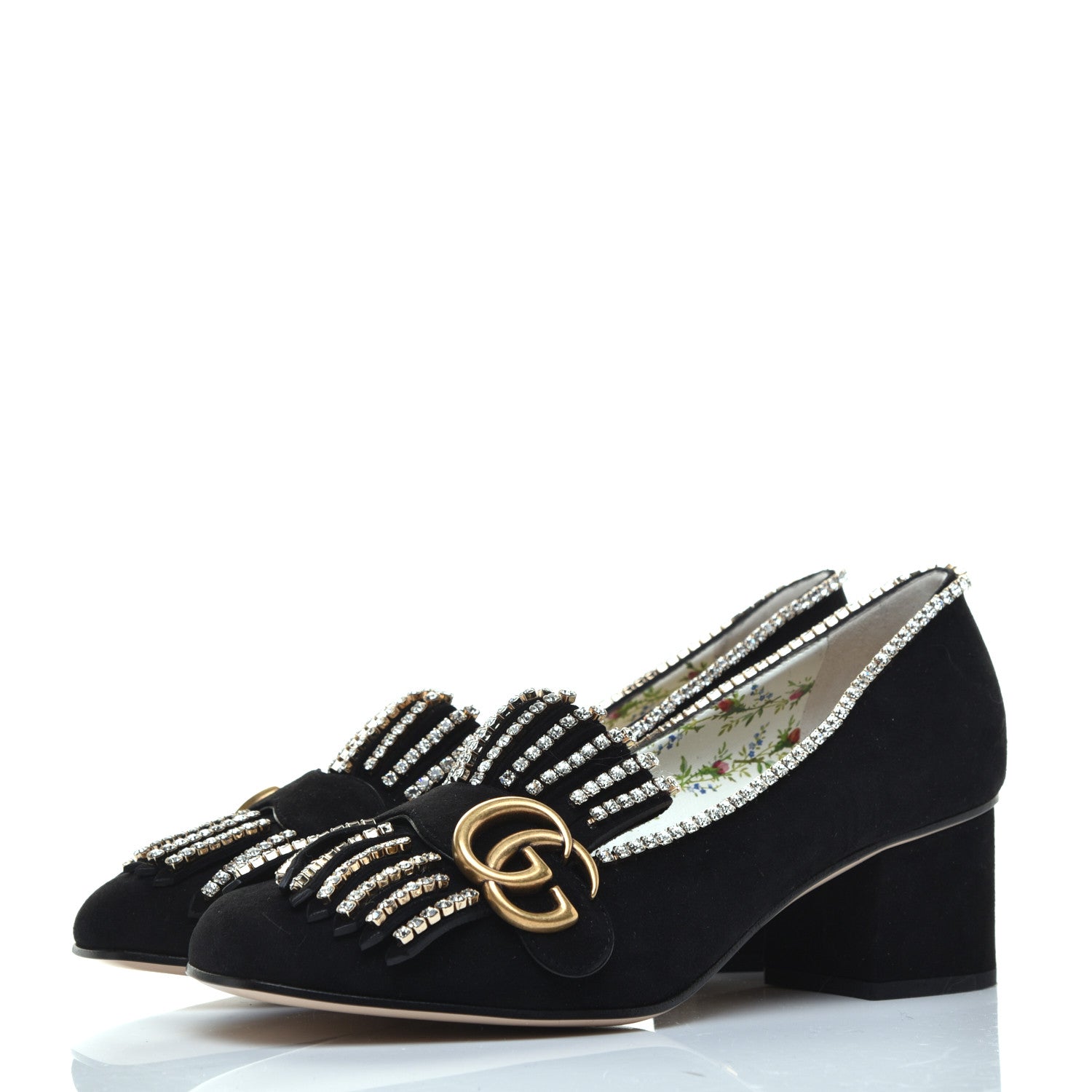 Gucci Kid Scamosciato Crystal GG Marmont Fringe 50mm Loafer Pumps 37 Black 3 of 9