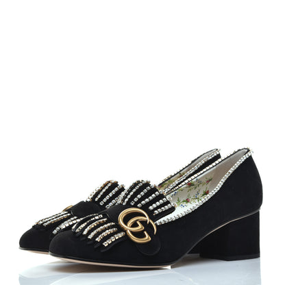 Gucci Kid Scamosciato Crystal GG Marmont Fringe 50mm Loafer Pumps 37 Black 3 of 9