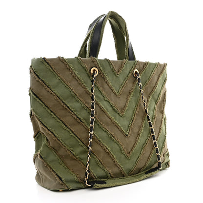 Chanel Canvas Chevron Cuba Patchwork Shopper Tote Khaki 3 of 12