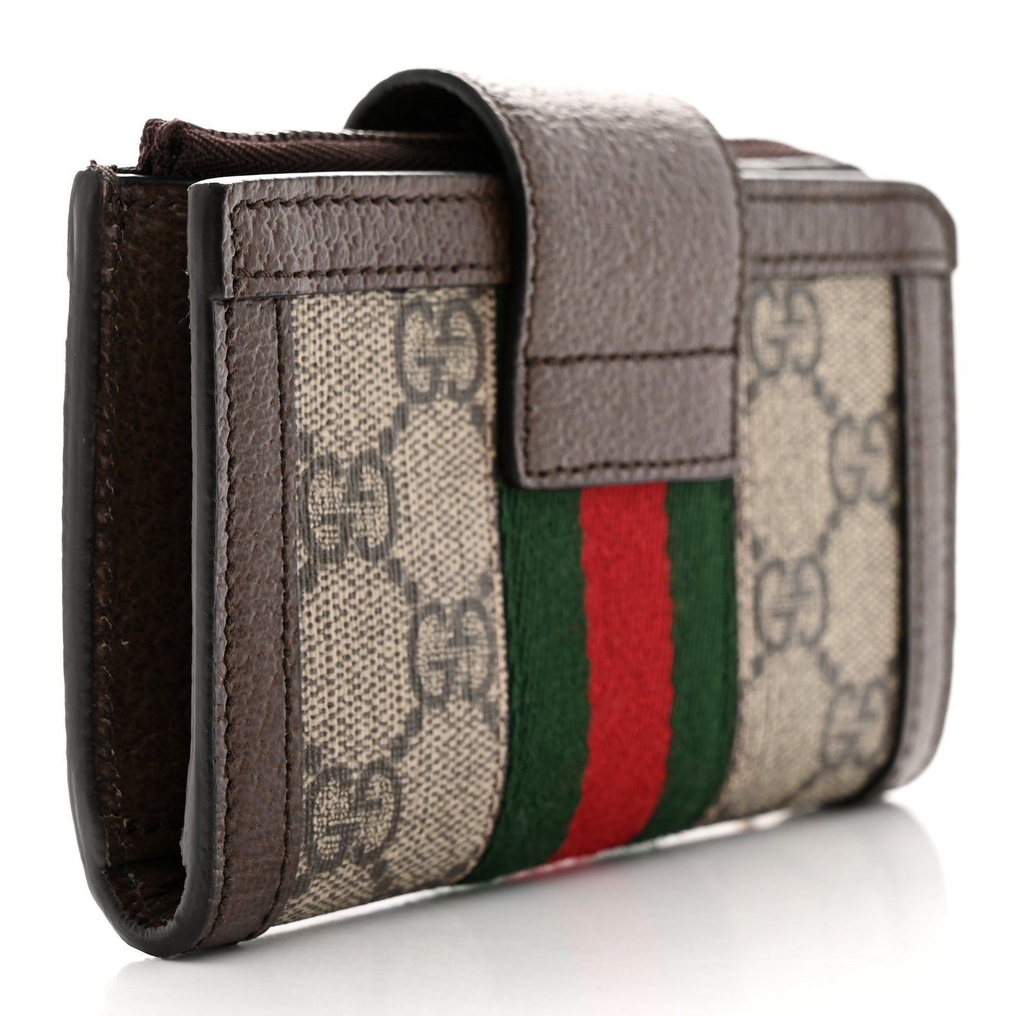 GG Supreme Monogram Textured Dollar Calfskin Web Ophidia Overlay Zip Around Card Case Wallet Beige Ebony New Acero