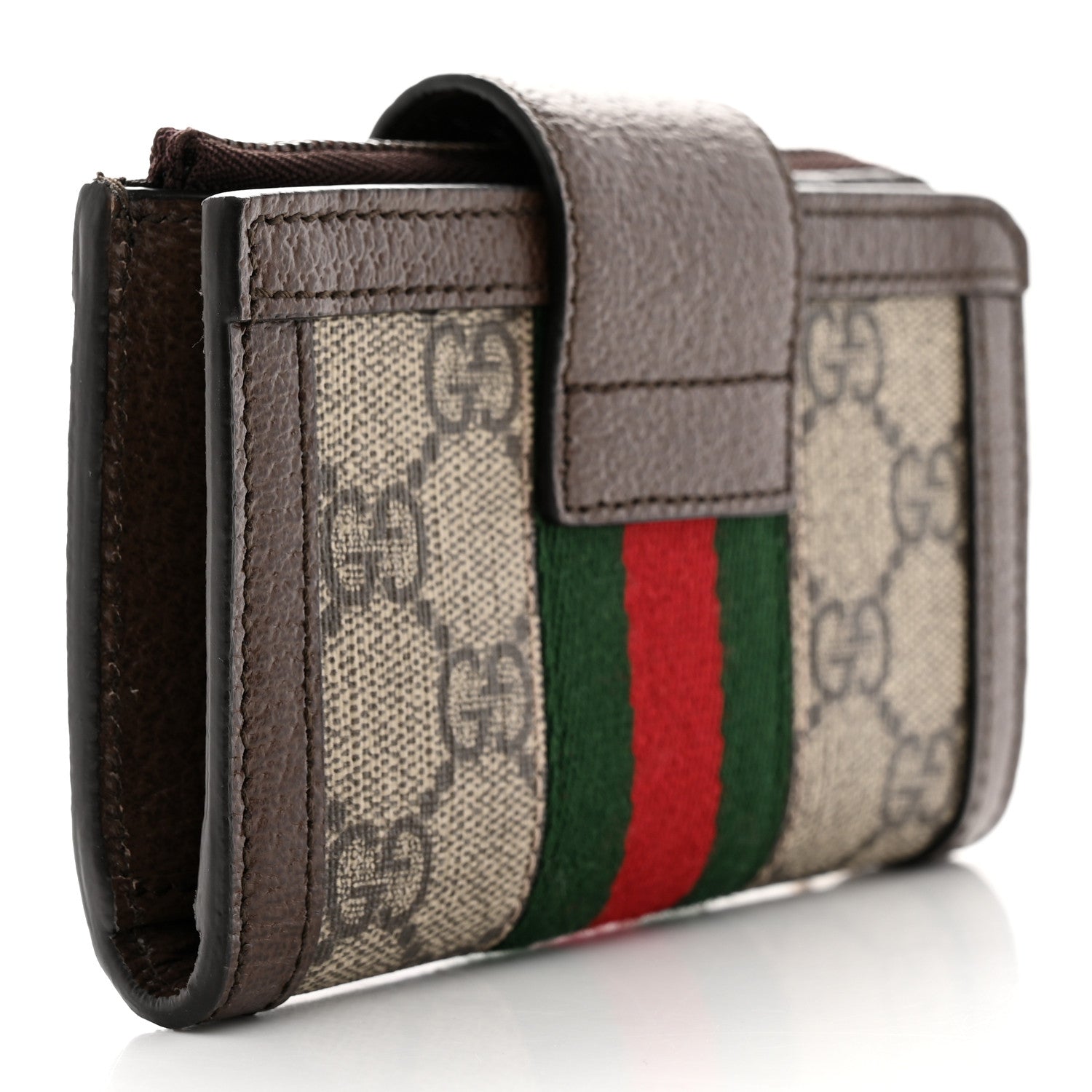 Gucci GG Supreme Monogram Textured Dollar Calfskin Web Ophidia Overlay Zip Around Card Case Wallet Beige Ebony New Acero 3 of 8