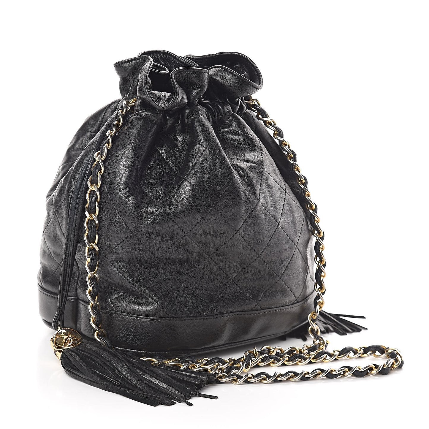 Lambskin Stitched Tassel Drawstring Pouch Black
