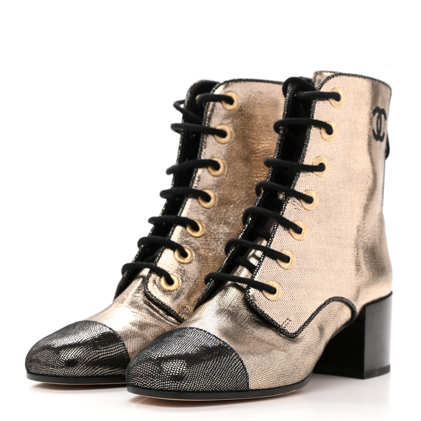Laminated Calfskin CC Lace Up Short Boots 35 Gold Black