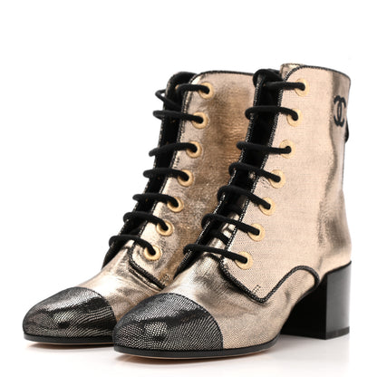 Chanel Laminated Calfskin CC Lace Up Short Boots 35 Gold Black 3 of 8