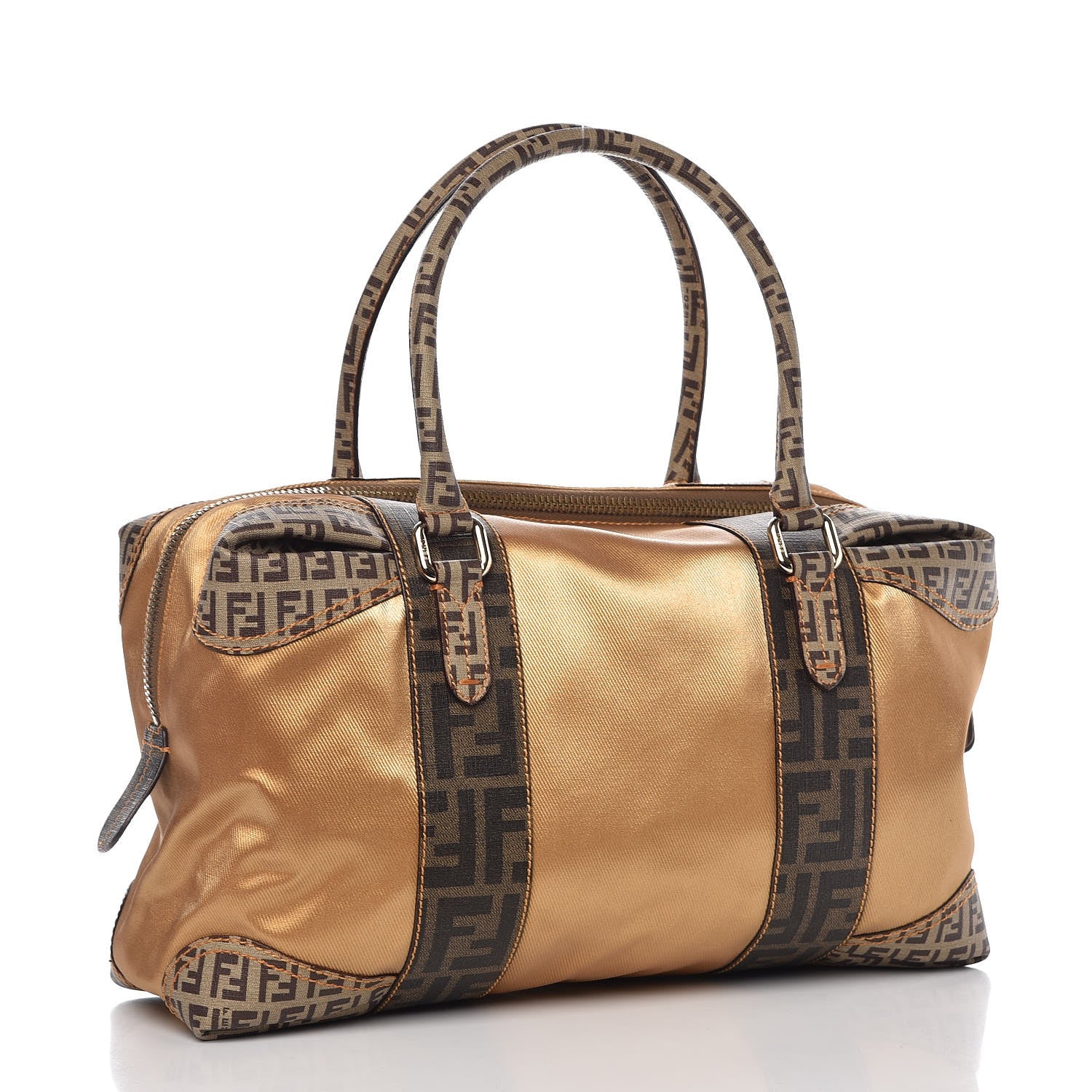 Fendi Zucca Zucchino Spalmati Mixed Media Boston Gold Mogano Panna 3 of 10