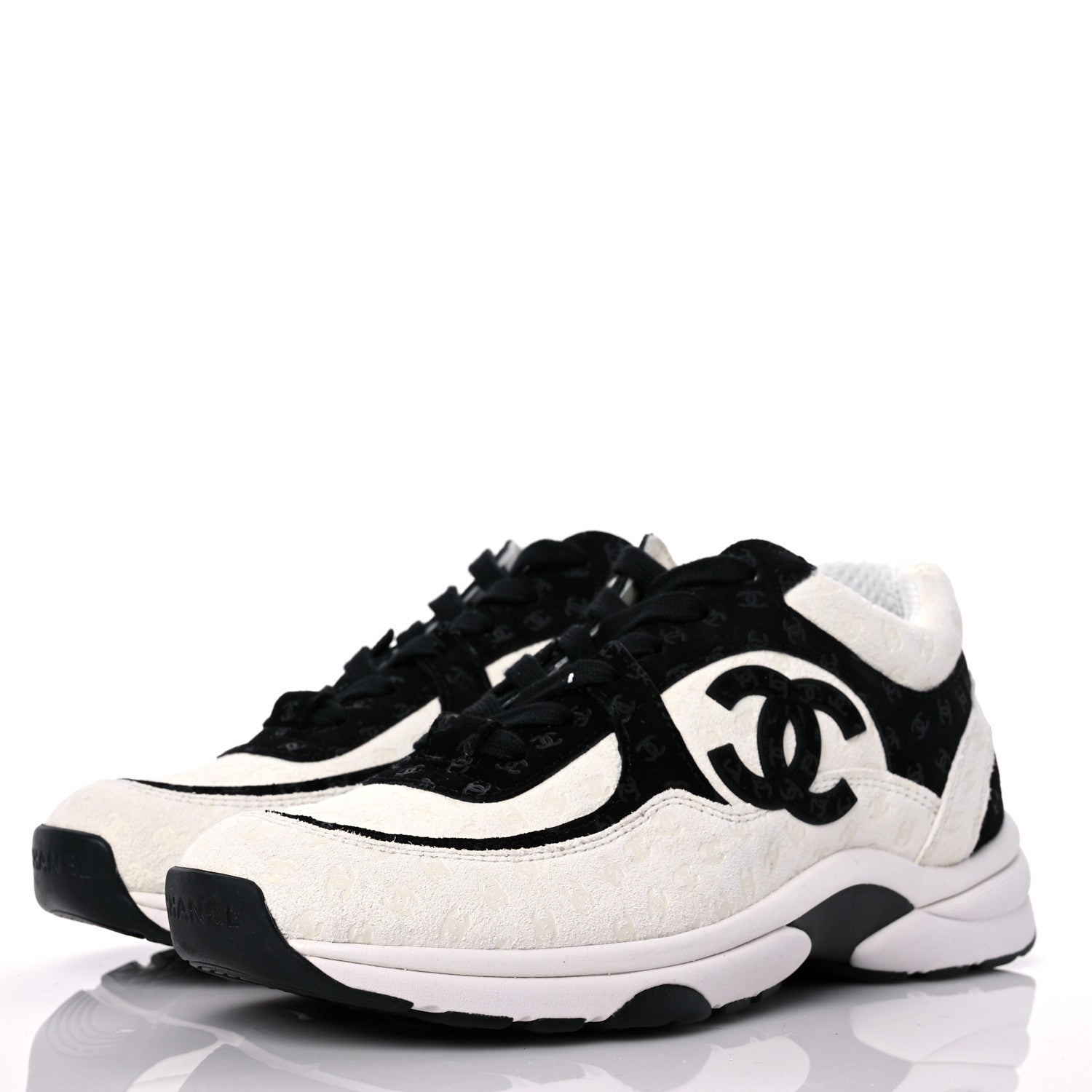 Chanel Suede Calfskin Womens CC Printed Sneakers 37.5 White Black 3 of 9