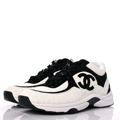 Chanel Suede Calfskin Womens CC Printed Sneakers 37.5 White Black 3 of 9