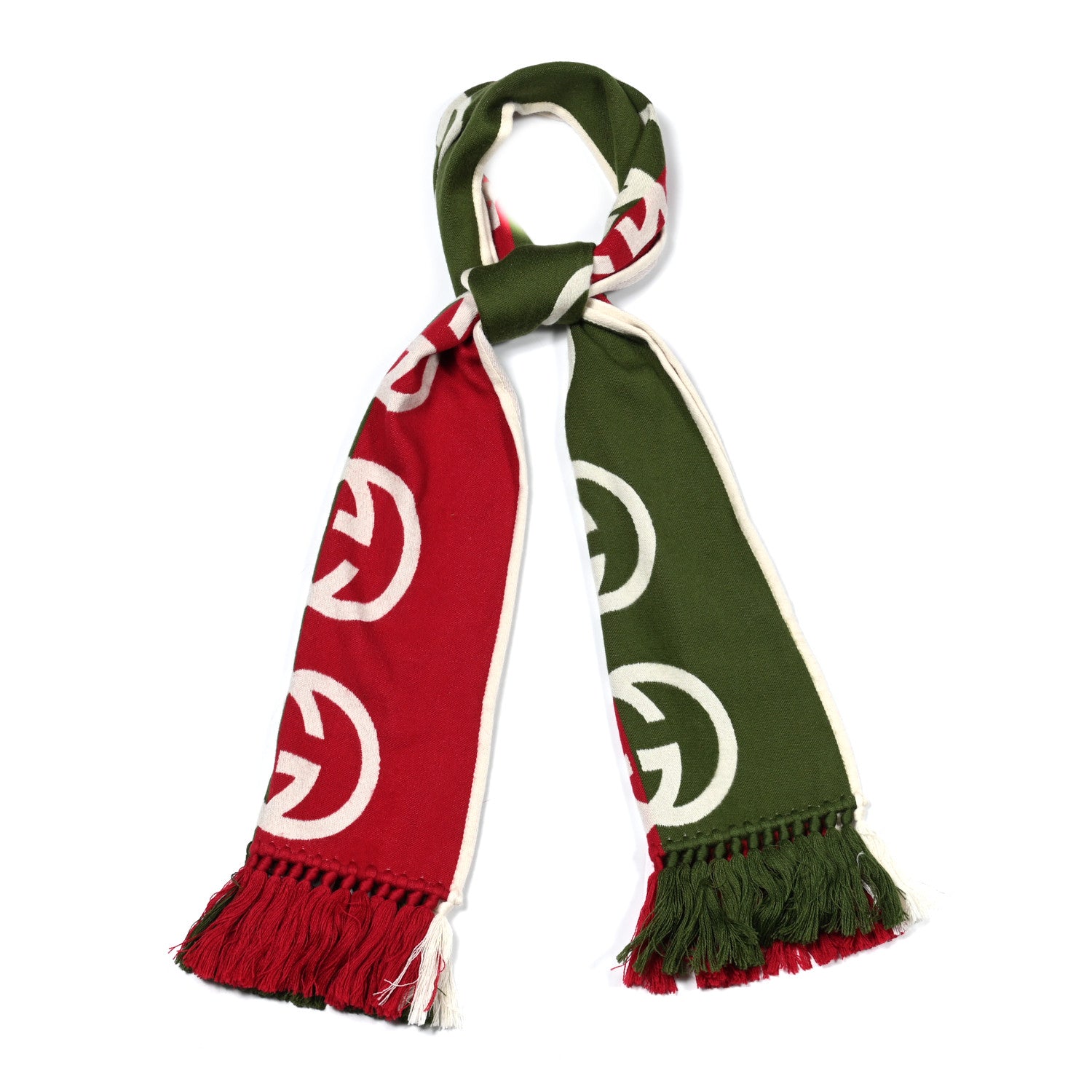 Gucci Wool Geyjerry Reversible Fringe Scarf Green Red 1 of 4