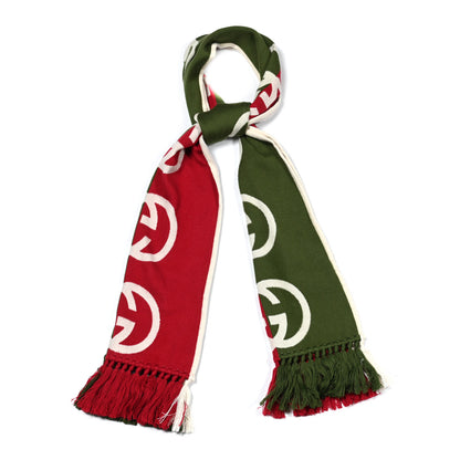 Gucci Wool Geyjerry Reversible Fringe Scarf Green Red 1 of 4