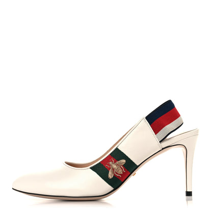 Gucci Malaga Kid Web Sylvie Mid Heel Slingback Pumps 38 White 1 of 11