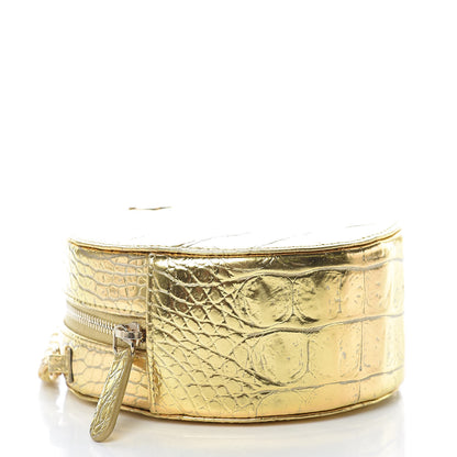 Chanel Metallic Calfskin Crocodile Embossed Cocodile Round Clutch with Chain Gold 4 of 9
