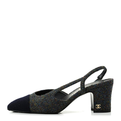 Chanel Tweed Cap Toe CC Slingback Pumps 36 Black Dark Grey 1 of 11