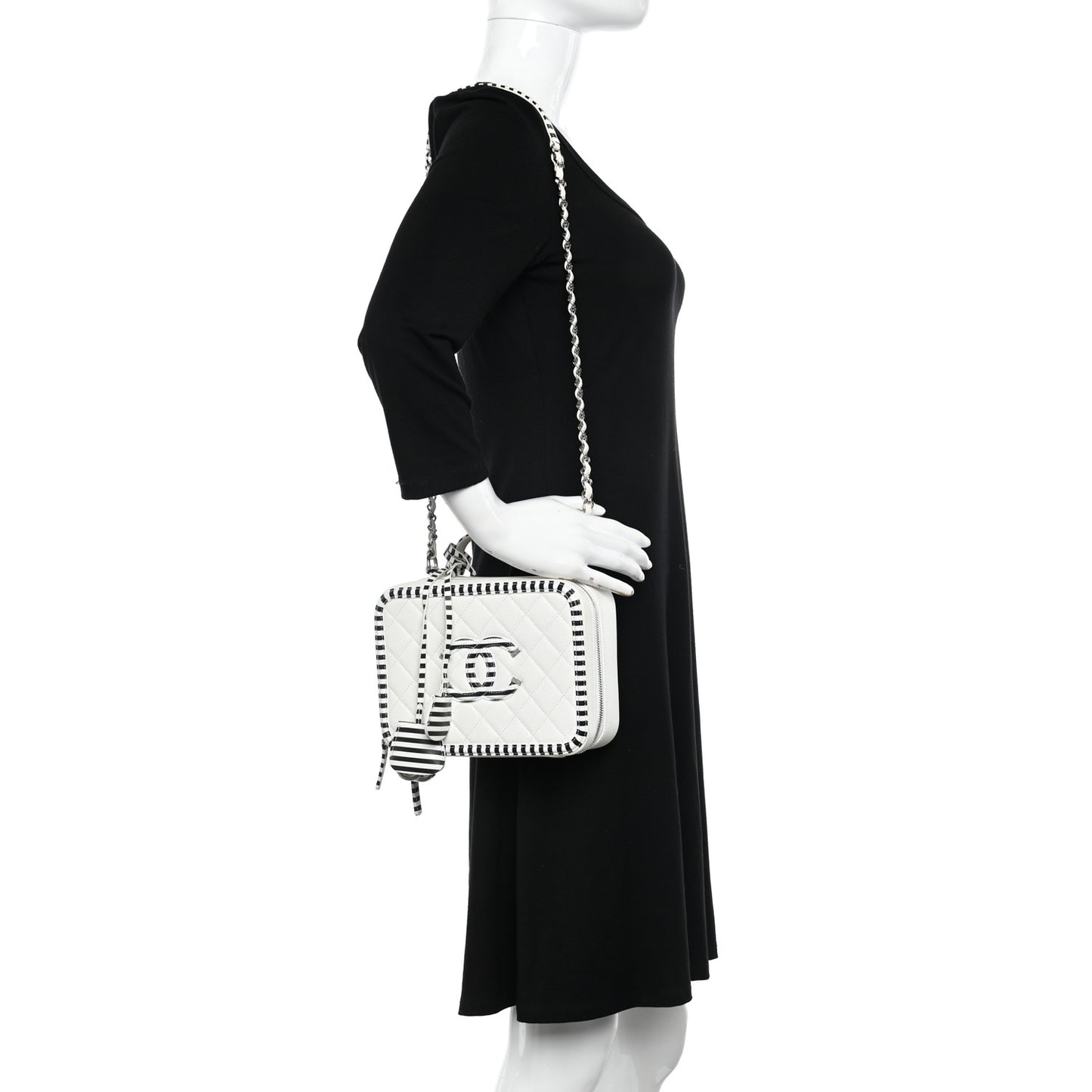 Caviar Quilted Striped Medium CC Filigree Vanity Case White Black