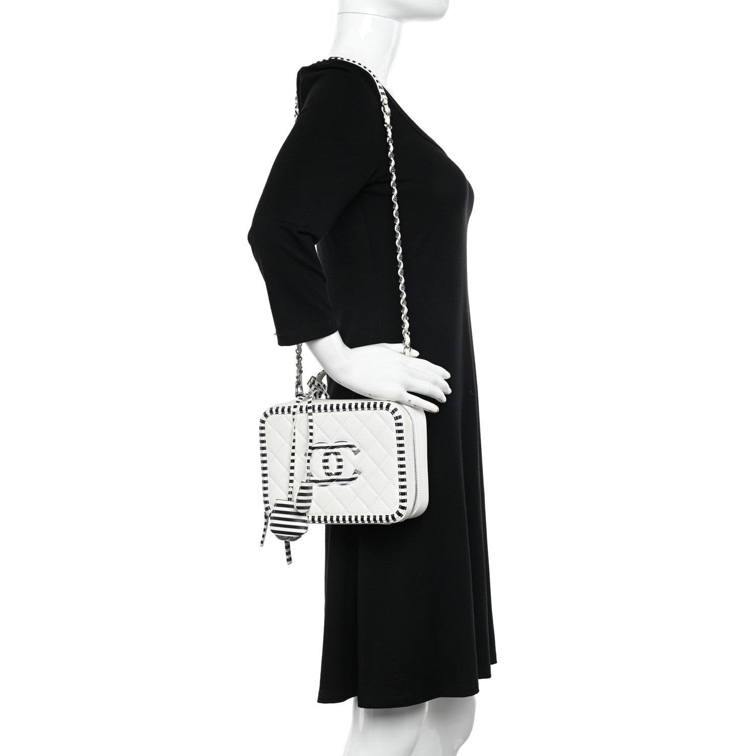 Chanel Caviar Quilted Striped Medium CC Filigree Vanity Case White Black 2 of 10