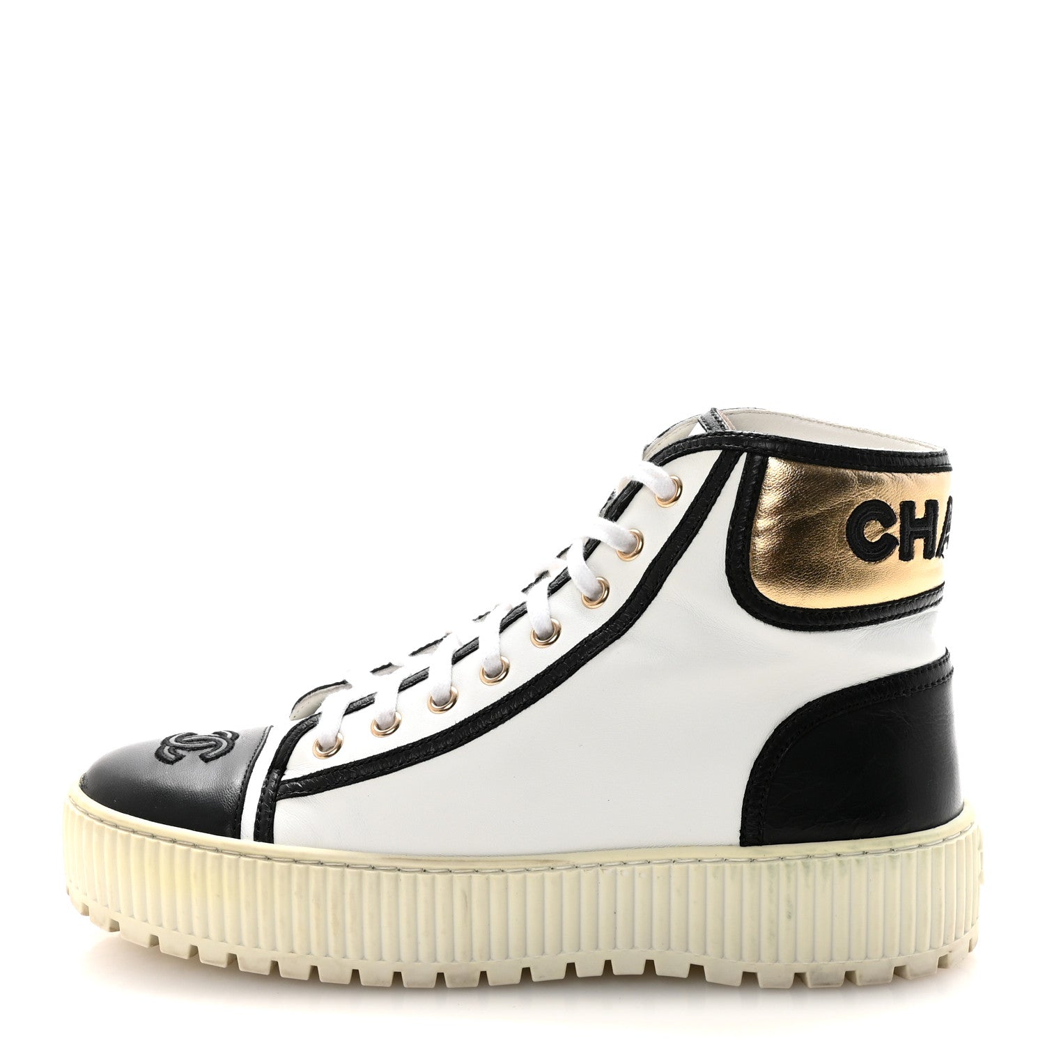 Chanel Shiny Lambskin Lace Up Cap Toe Sneakers 37.5 White Gold Black 1 of 10