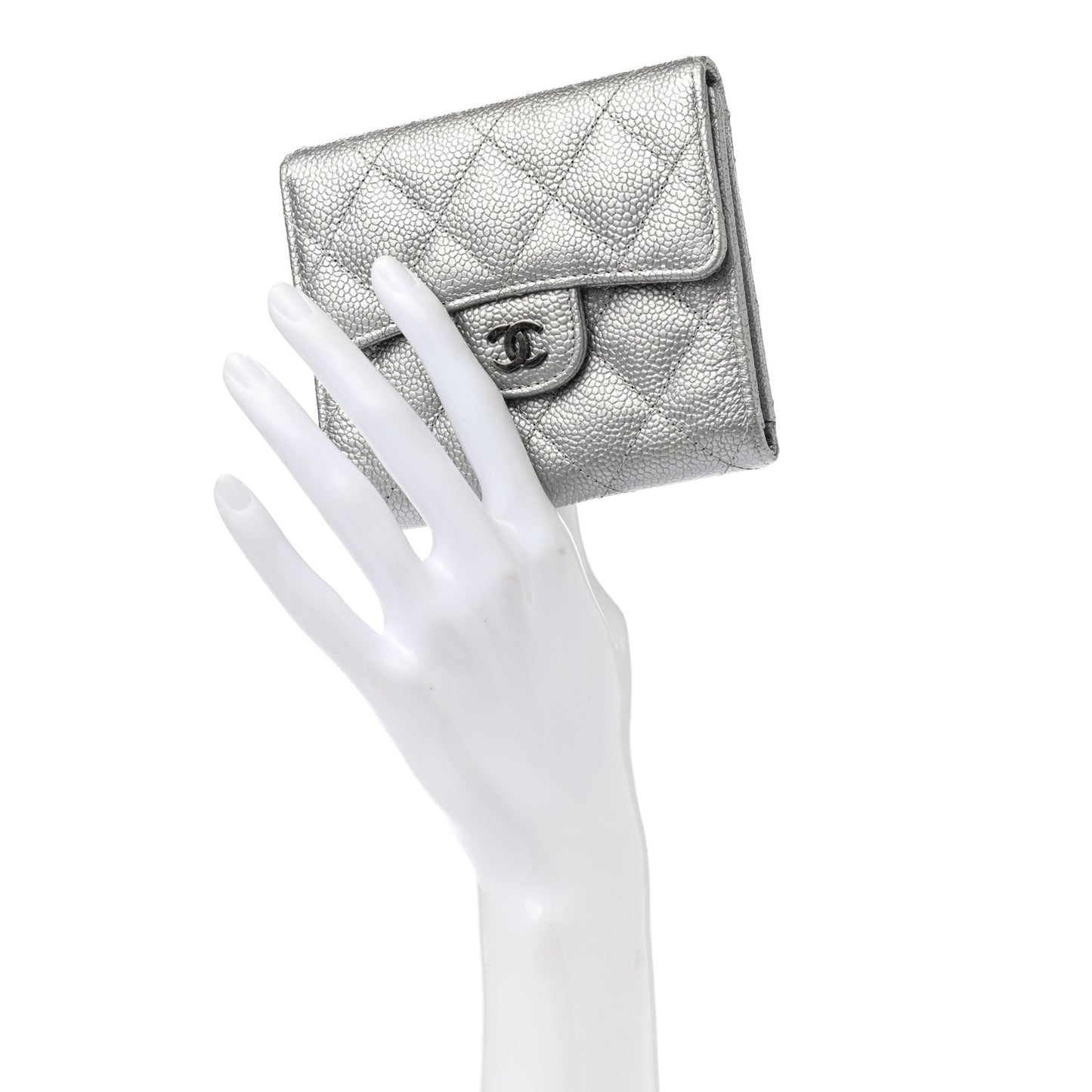 Metallic Caviar Quilted Compact Flap Wallet Silver