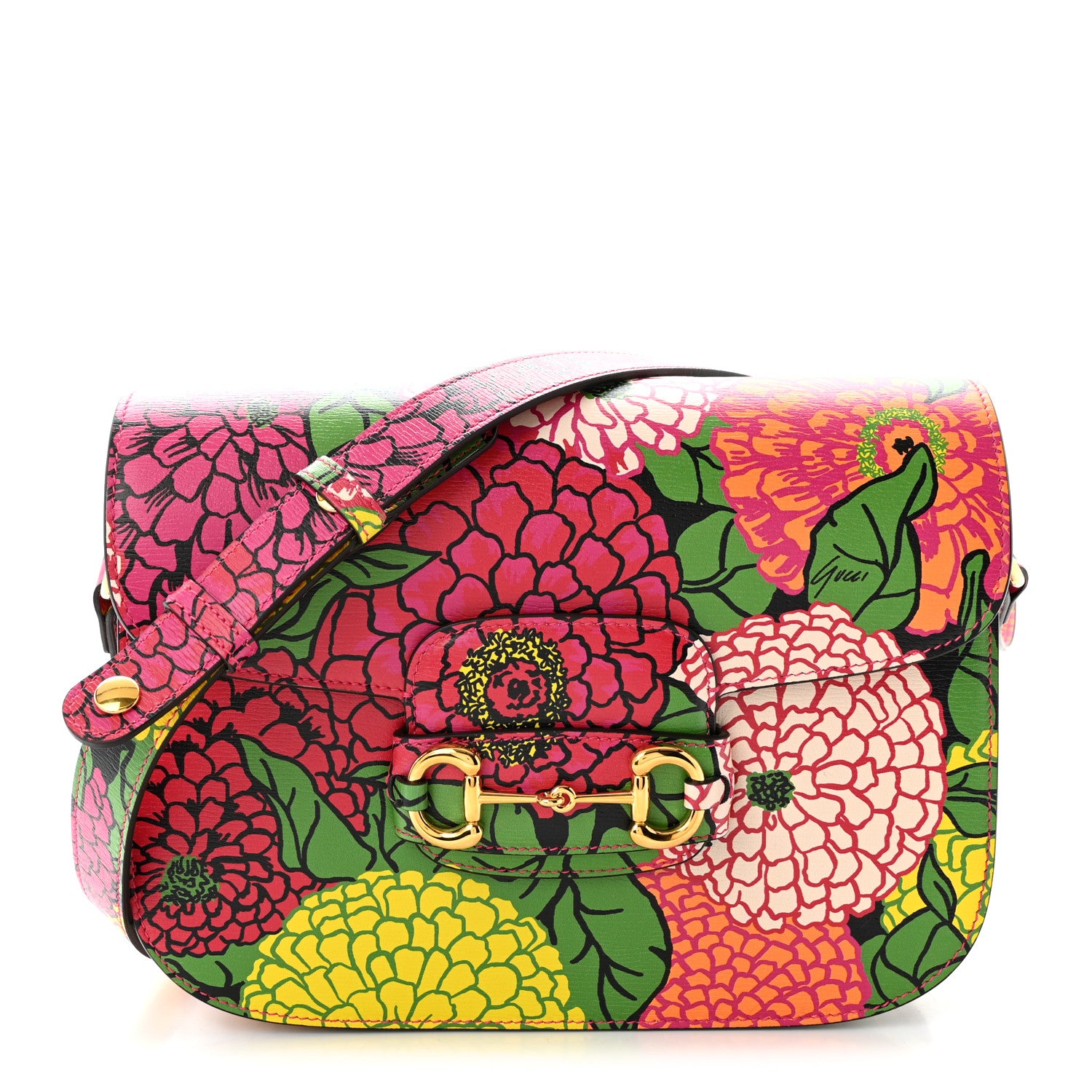 Gucci X KEN SCOTT New Shangai Calfskin Pomponica Print Horsebit 1955 Shoulder Bag  Multicolor Fuxia Pompon 1 of 10