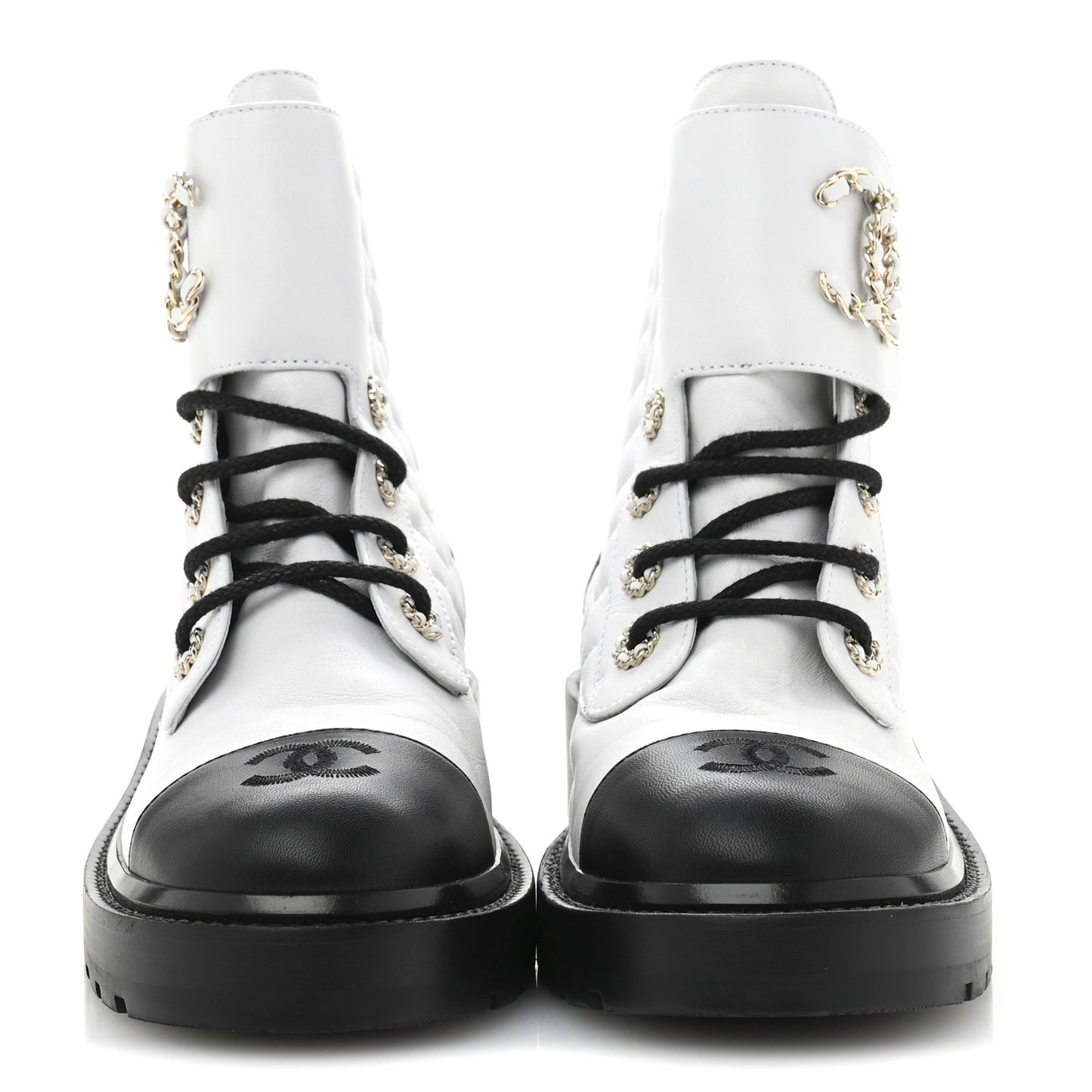 Shiny Goatskin Calfskin Quilted Lace Up Combat Boots 39 White Black