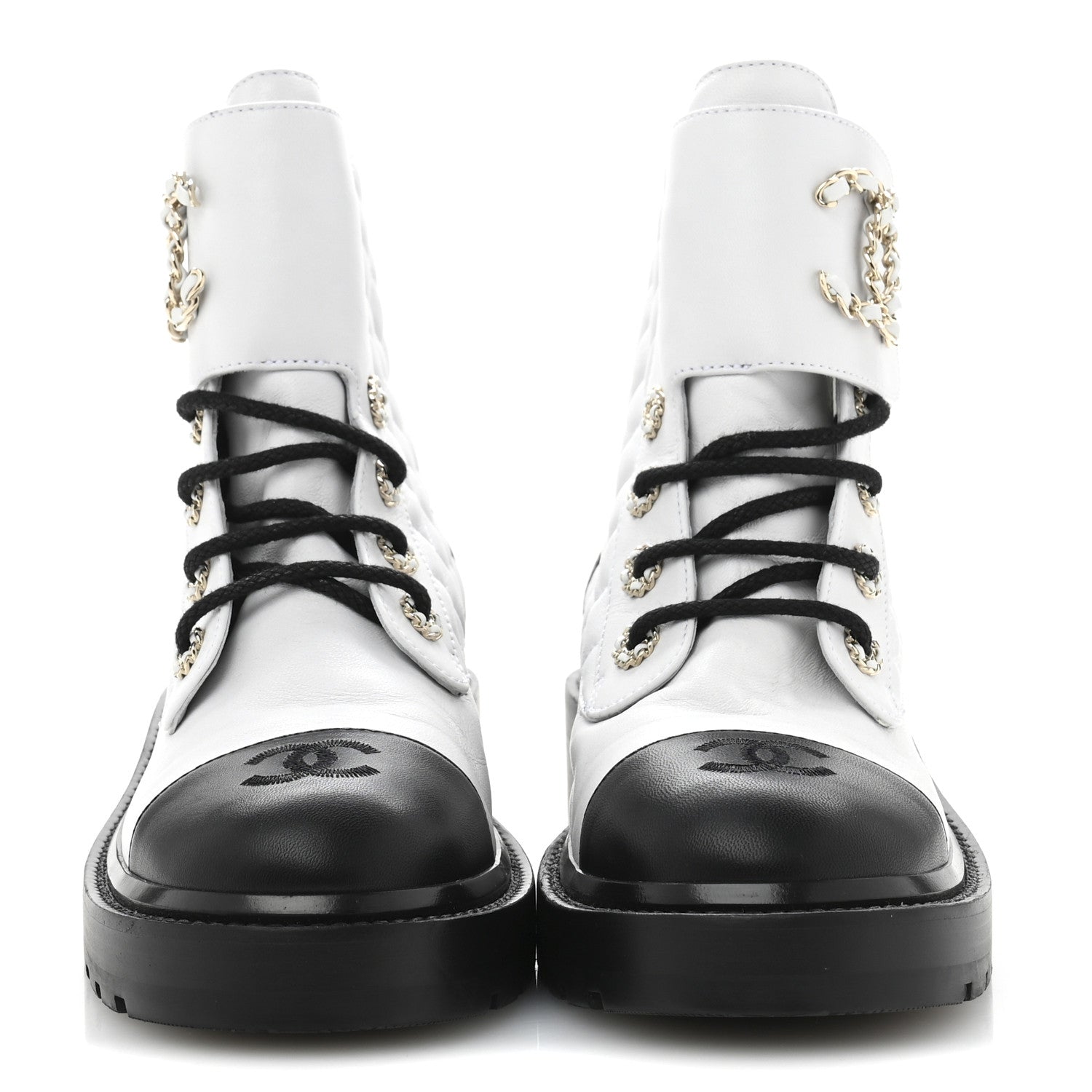 Chanel Shiny Goatskin Calfskin Quilted Lace Up Combat Boots 39 White Black 3 of 8
