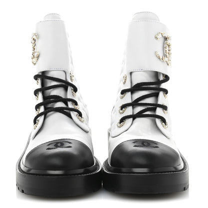 Chanel Shiny Goatskin Calfskin Quilted Lace Up Combat Boots 39 White Black 3 of 8