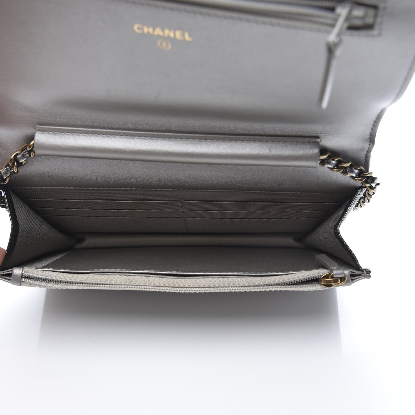 Metallic Calfskin Quilted Boy Wallet On Chain WOC Charcoal