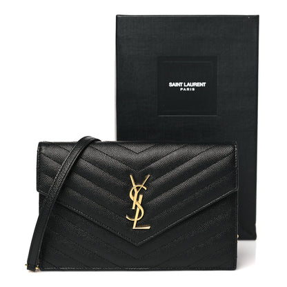 Saint Laurent Grain De Poudre Matelasse Chevron Monogram Envelope Chain Wallet Black 12 of 12