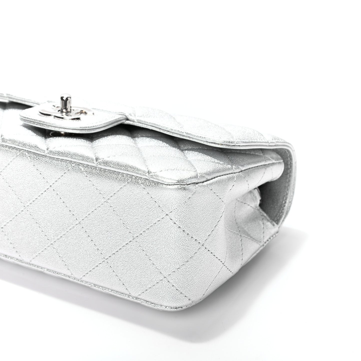Metallic Lambskin Quilted Mini Rectangular Flap Silver