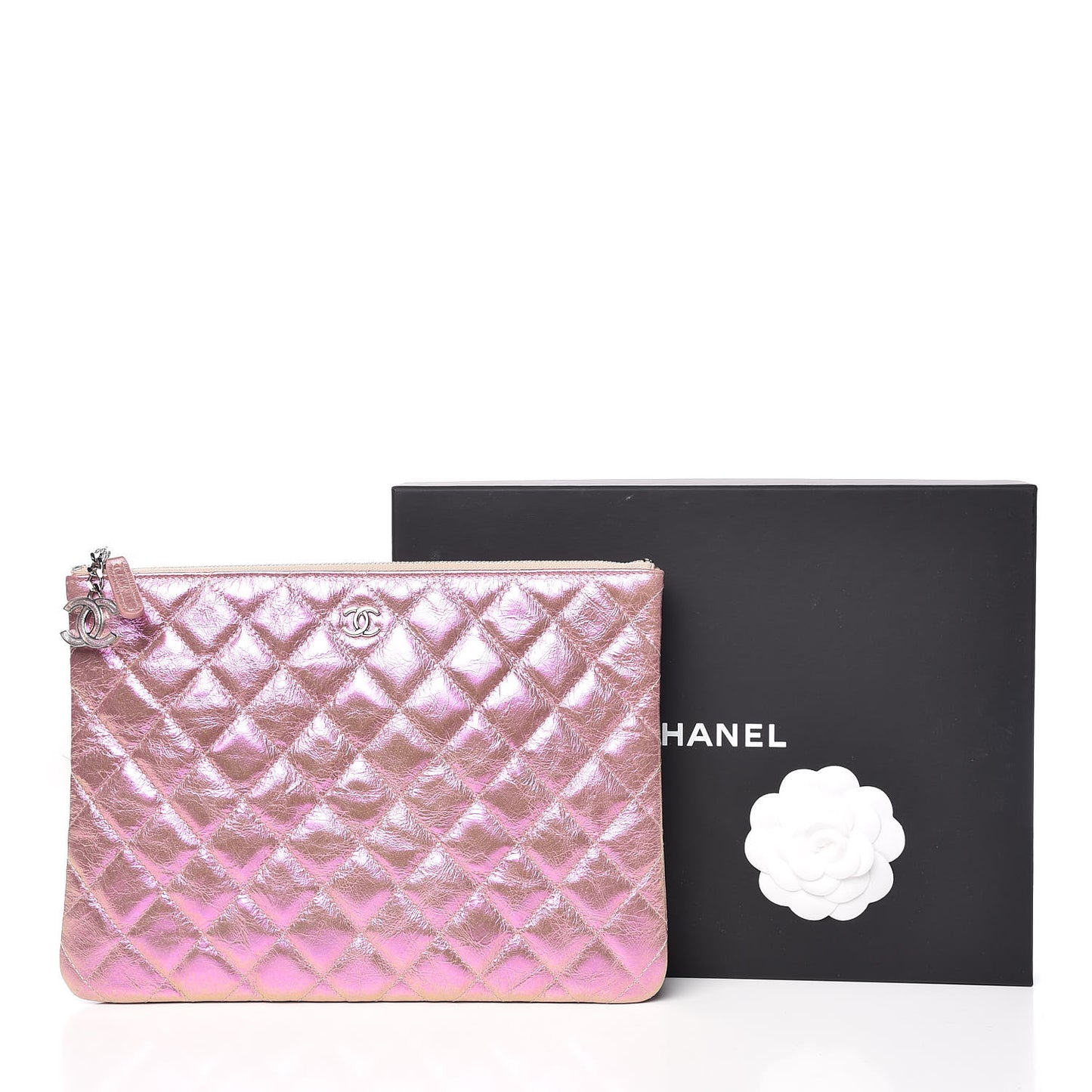 Iridescent Crumpled Calfskin Medium Cosmetic Case Pink