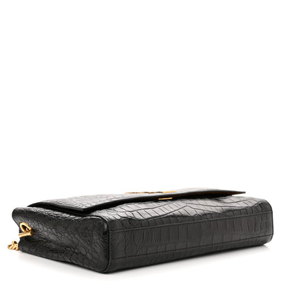 Saint Laurent Calfskin Crocodile Embossed Suede Medium Reversible Monogram Kate Satchel Military Taupe 4 of 10