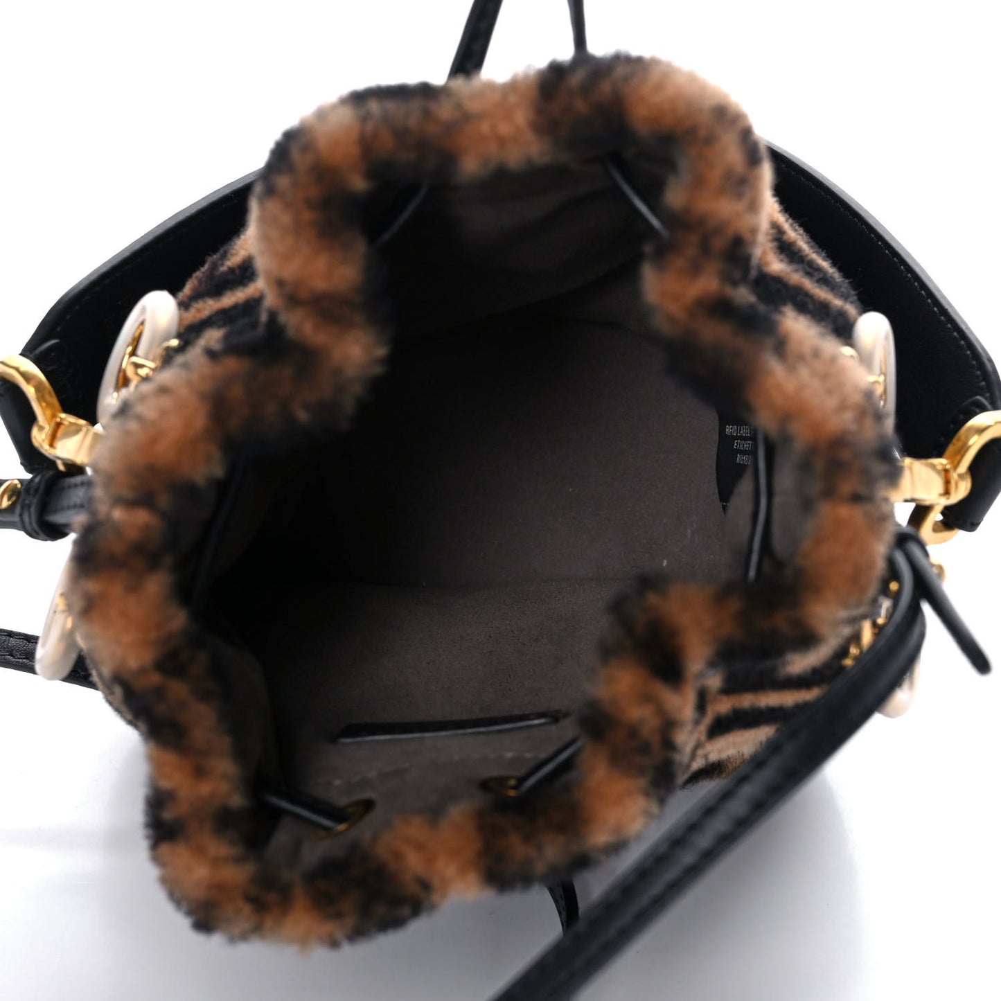 Shearling Vitello Dolce F is Fendi Macro FF 1974 Mini Mon Tresor Bucket Bag Tobacco Black
