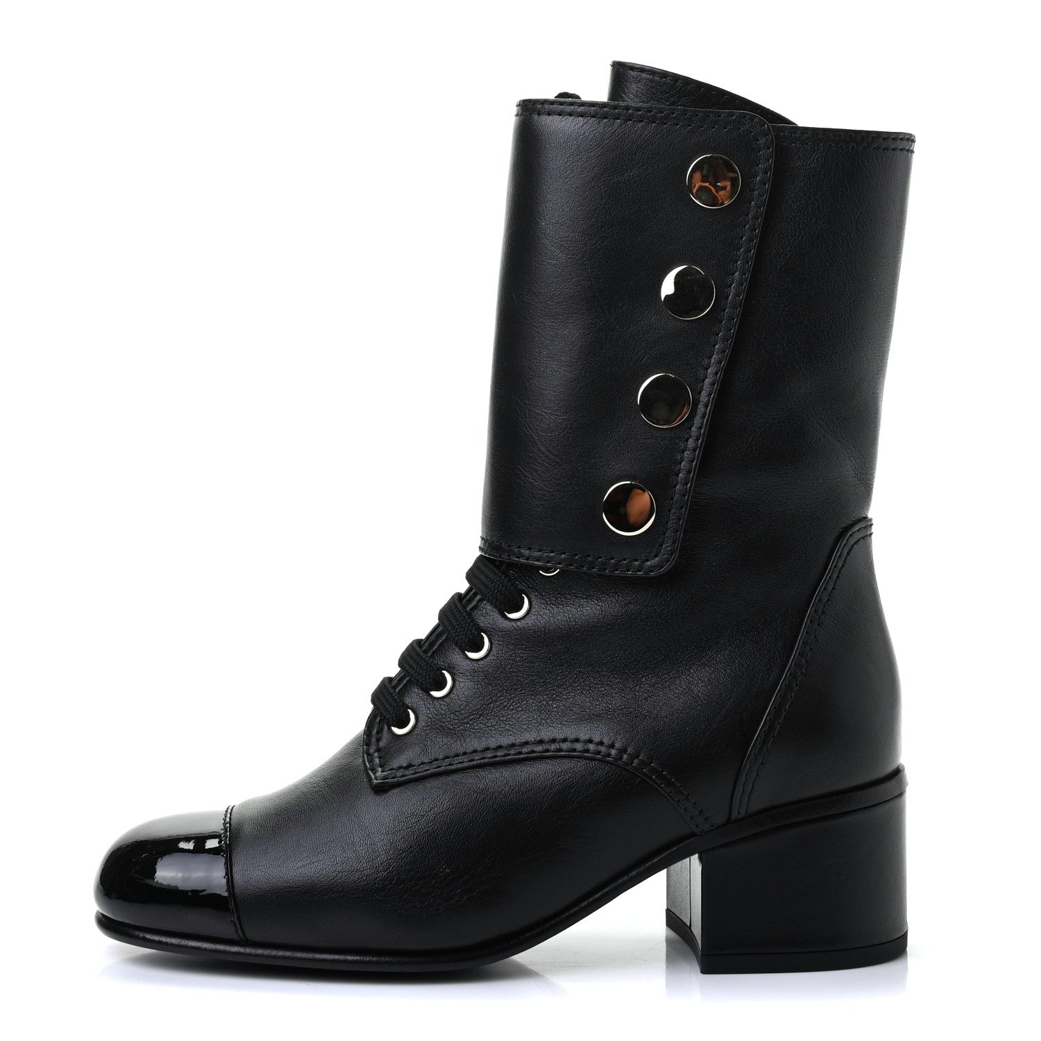 Chanel Calfskin Patent Cap Toe CC Lace Up Boots 36 Black 1 of 10