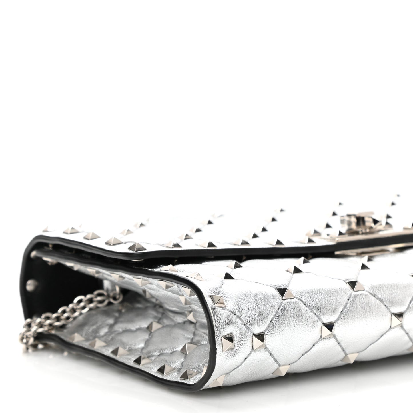 Metallic Lambskin Rockstud Spike Wallet on Chain Silver
