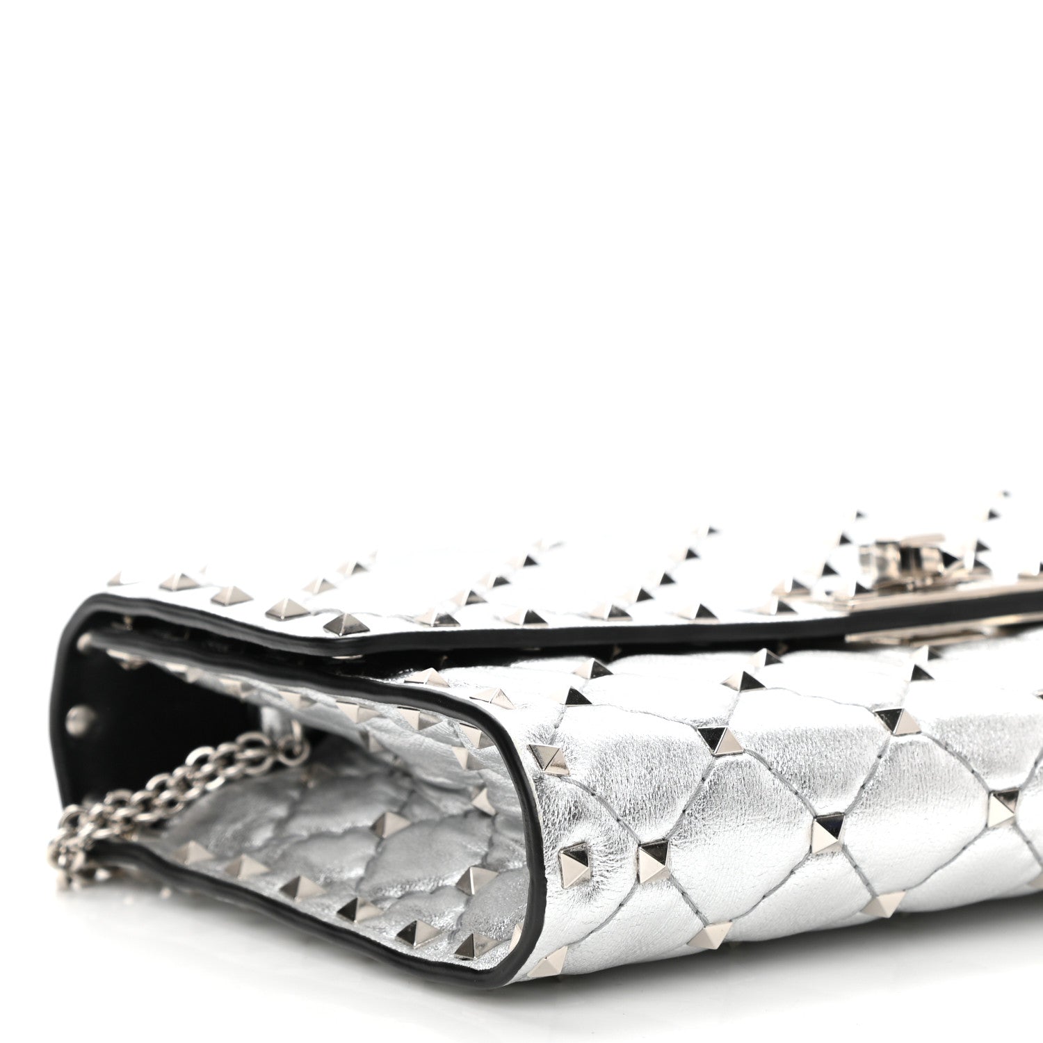 Valentino Garavani Metallic Lambskin Rockstud Spike Wallet on Chain Silver 8 of 9